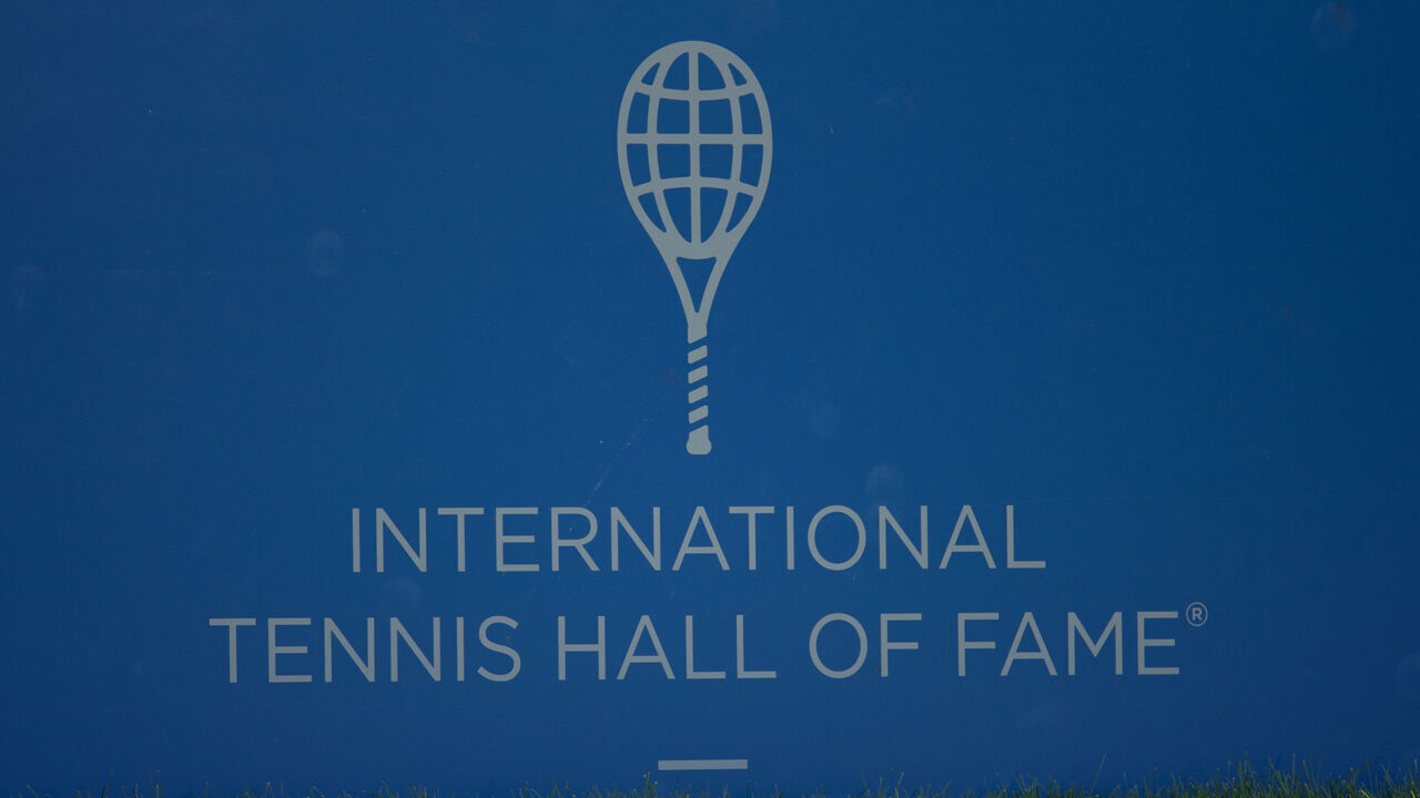 NEWPORT, RI - JULY 15: A general view of the International Tennis Hall of Fame logo on the court during the Infosys Hall of Fame Open on July 15, 2022, at the International Tennis Hall of Fame in Newport, RI.