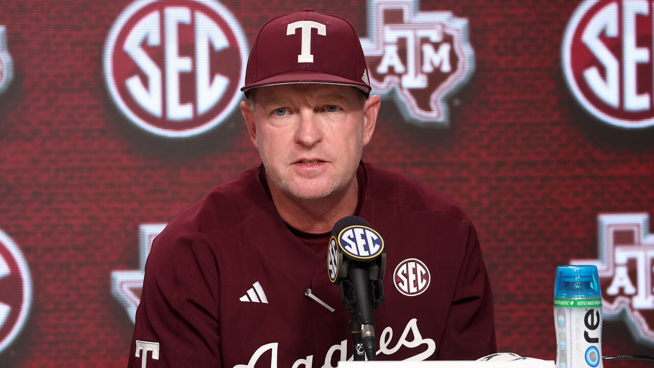 HOOVER, AL - MAY 23: Texas A&M Aggies head coach Jim Schlossnagle during the post game press conference after the 2024 SEC Baseball Tournament game between the Tennessee Volunteers and the Texas A&M Aggies on May 23, 2024 at the Hoover Metropolitan Stadium in Hoover, Alabama.