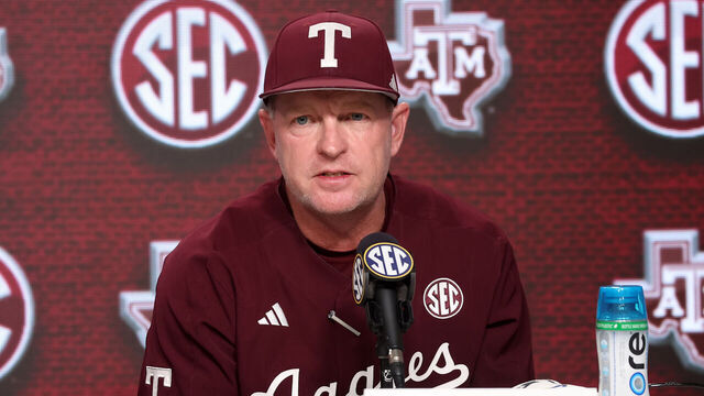 HOOVER, AL - MAY 23: Texas A&M Aggies head coach Jim Schlossnagle during the post game press conference after the 2024 SEC Baseball Tournament game between the Tennessee Volunteers and the Texas A&M Aggies on May 23, 2024 at the Hoover Metropolitan Stadium in Hoover, Alabama.