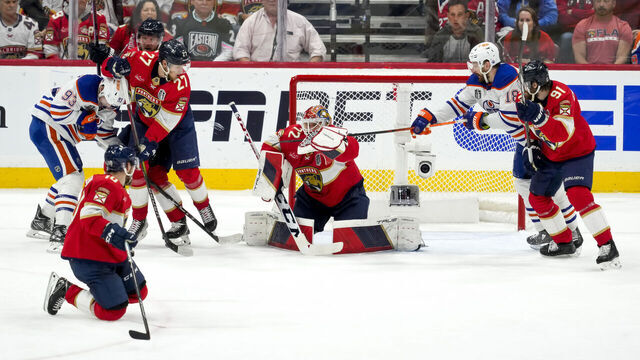 SUNRISE, FL - JUNE 24: Florida Panthers goaltender Sergei Bobrovsky (72) makes a save during the NHL Stanley Cup Finals, Game 7 between the Florida Panthers and Edmonton Oilers on June 24th, 2024 at Amerant Bank Arena in Sunrise, FL.