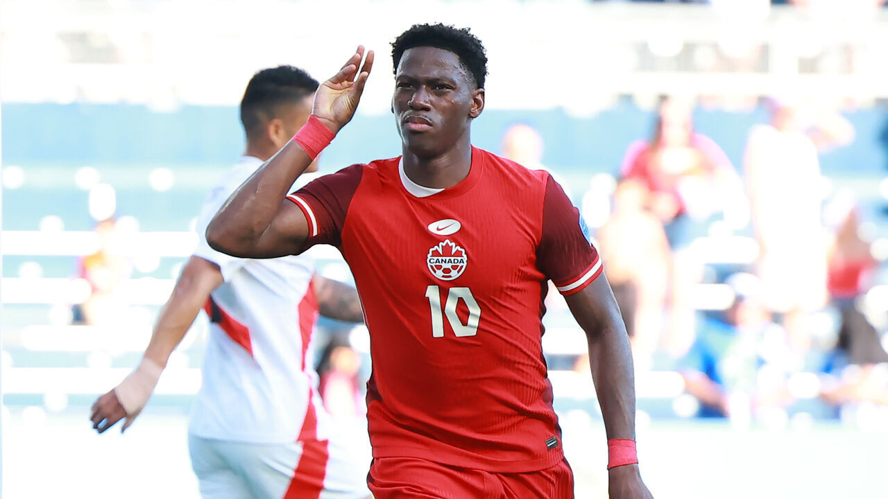 KANSAS CITY, KANSAS - JUNE 25: Jonathan David of Canada celebrates after scoring the team's first goal during the CONMEBOL Copa America 2024 between Peru and Canada at Children's Mercy Park on June 25, 2024 in Kansas City, Kansas.