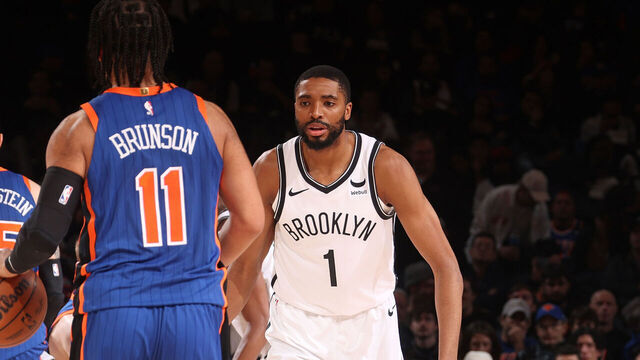 NEW YORK, NY - MARCH 23: Mikal Bridges #1 of the Brooklyn Nets plays defense against Jalen Brunson #11 of the New York Knicks on March 23, 2024 at Madison Square Garden in New York City, New York. Mandatory Copyright Notice: Copyright 2024 NBAE