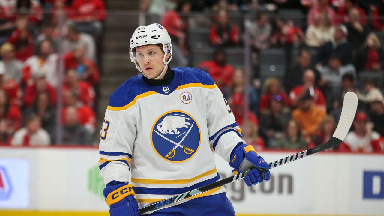 DETROIT, MI - APRIL 07: Buffalo Sabres forward Jeff Skinner (53) looks on during an NHL regular season hockey game between the Buffalo Sabres and the Detroit Red Wings on April 7, 2024 at Little Caesars Arena in Detroit, Michigan.