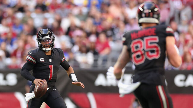 GLENDALE, ARIZONA - NOVEMBER 26: Quarterback Kyler Murray #1 of the Arizona Cardinals looks to pass to tight end Trey McBride #85 during the NFL game at State Farm Stadium on November 26, 2023 in Glendale, Arizona. The Rams defeated the Cardinals 37-14.