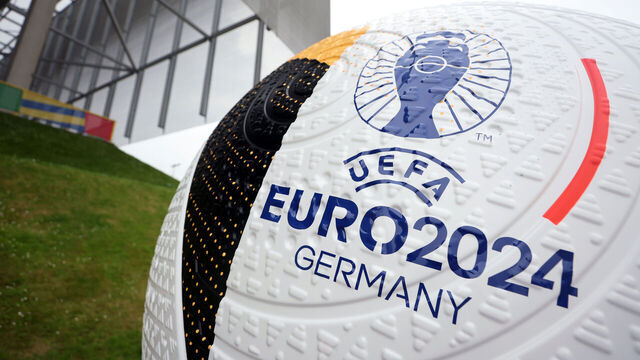 DUSSELDORF, GERMANY - JUNE 21: A detailed view of the EURO 2024 logo on a giant ball outside the stadium ahead of the UEFA EURO 2024 group stage match between Slovakia and Ukraine at D¸sseldorf Arena on June 21, 2024 in Dusseldorf, Germany.