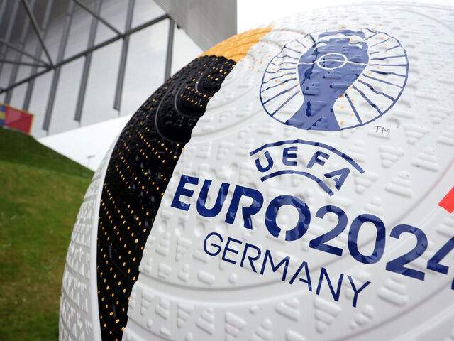 DUSSELDORF, GERMANY - JUNE 21: A detailed view of the EURO 2024 logo on a giant ball outside the stadium ahead of the UEFA EURO 2024 group stage match between Slovakia and Ukraine at D¸sseldorf Arena on June 21, 2024 in Dusseldorf, Germany.