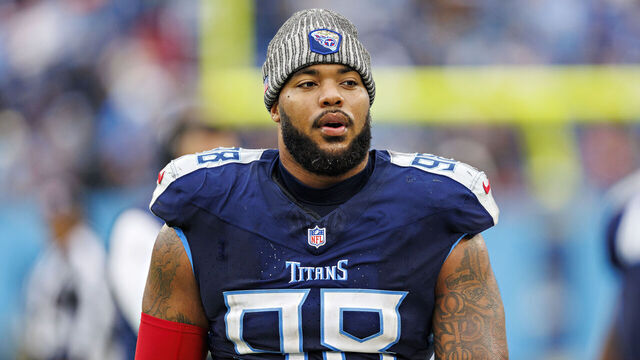 NASHVILLE, TENNESSEE - NOVEMBER 26: Jeffery Simmons #98 of the Tennessee Titans on the sidelines during the game against the Carolina Panthers at Nissan Stadium on November 26, 2023 in Nashville, Tennessee. The Titans defeated the Panthers 17-10.