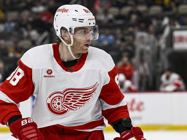 PITTSBURGH, PA - APRIL 11: Detroit Red Wings right wing Patrick Kane (88) looks on during the second period in the NHL game between the Pittsburgh Penguins and the Detroit Red Wings on April 11, 2024, at PPG Paints Arena in Pittsburgh, PA.