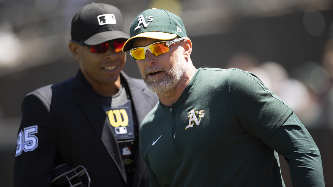 OAKLAND, CA - MAY 25: Manager Mark Kotsay #7 of the Oakland Athletics during the game against the Houston Astros at the Oakland Coliseum on May 25, 2024 in Oakland, California. The Athletics defeated the Astros 3-1.