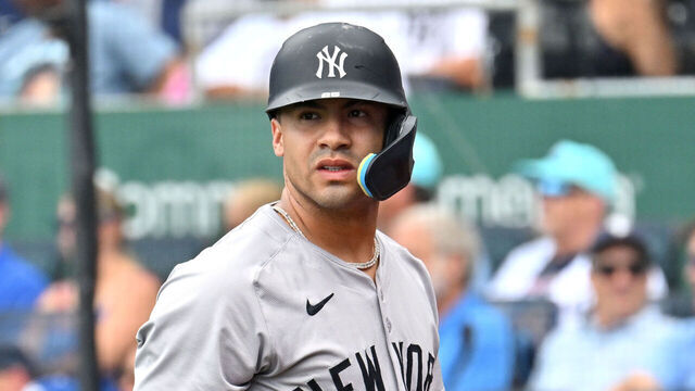 KANSAS CITY, MO - JUNE 13: New York Yankees second baseman Gleyber Torres (25) reacts after striking out during the New York Yankees at Kansas City Royals MLB game on June 13, 2024, at Kauffman Stadium, Kansas City, MO.