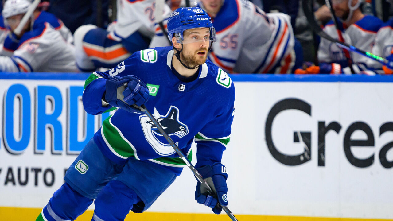 VANCOUVER, CANADA - MAY 20: Teddy Blueger #53 of the Vancouver Canucks skates during the third period in Game Seven of the Second Round of the 2024 Stanley Cup Playoffs against the Edmonton Oilers at Rogers Arena on May 20, 2024 in Vancouver, British Columbia, Canada.