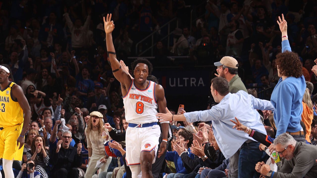NEW YORK, NY - MAY 6: OG Anunoby #8 of the New York Knicks celebrates during the game against the Indiana Pacers during Round 2 Game 1 of the 2024 NBA Playoffs on May 6, 2024 at Madison Square Garden in New York City, New York. Mandatory Copyright Notice: Copyright 2024 NBAE