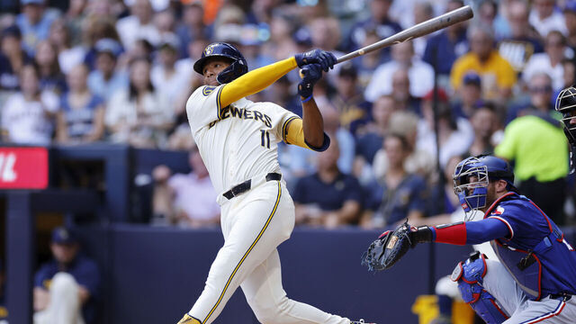 MILWAUKEE, WI - JUNE 26: Milwaukee Brewers outfielder Jackson Chourio (11) bats during an MLB game against the Texas Rangers on June 26, 2024 at American Family Field in Milwaukee, Wisconsin.