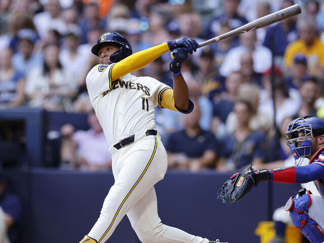 MILWAUKEE, WI - JUNE 26: Milwaukee Brewers outfielder Jackson Chourio (11) bats during an MLB game against the Texas Rangers on June 26, 2024 at American Family Field in Milwaukee, Wisconsin.