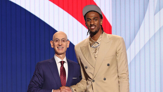 BROOKLYN, NY - JUNE 26: NBA Commissioner, Adam Silver poses for a photo with Alex Sarr after being drafted second overall by the Washington Wizards during the 2024 NBA Draft - Round One on June 26, 2024 at Barclays Center in Brooklyn, New York. Mandatory Copyright Notice: Copyright 2024 NBAE