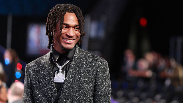 BROOKLYN, NY - JUNE 26: Stephon Castle smiles during the 2024 NBA Draft - Round One on June 26, 2024 at Barclays Center in Brooklyn, New York. Mandatory Copyright Notice: Copyright 2024 NBAE