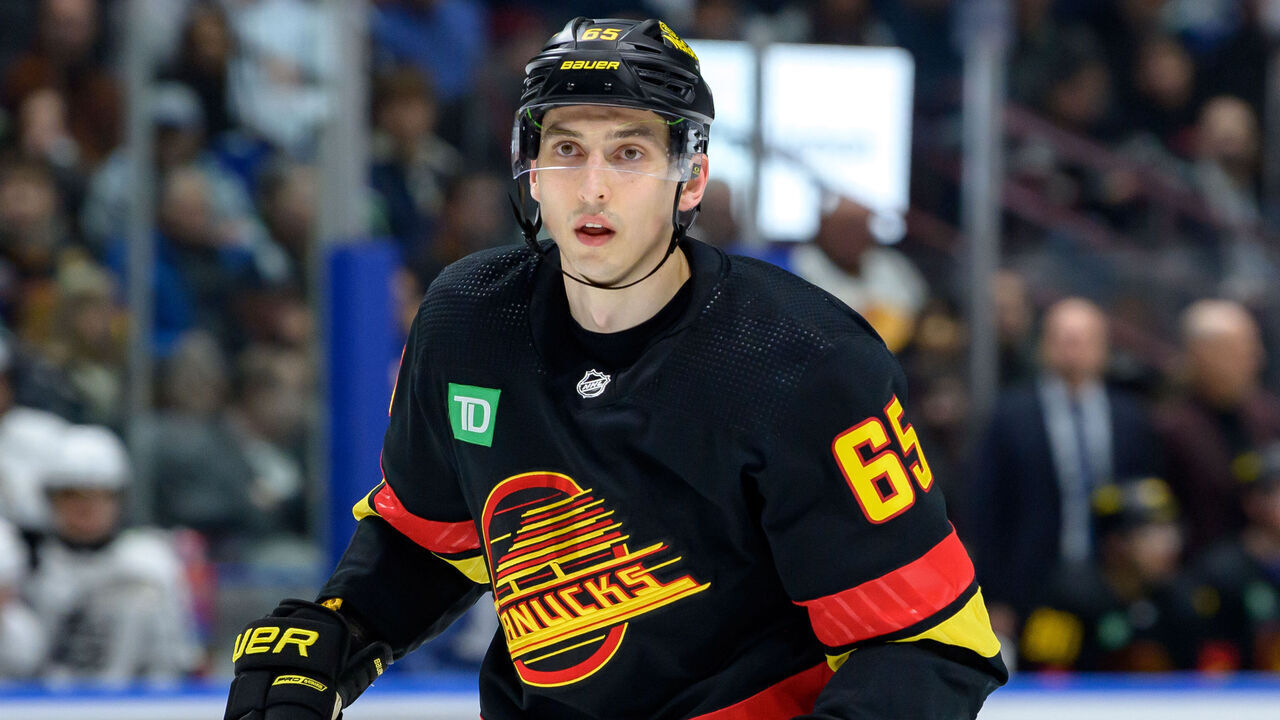 VANCOUVER, CANADA - FEBRUARY 29: Ilya Mikheyev #65 of the Vancouver Canucks skates up ice during the first period of the NHL game against the Los Angeles Kings at Rogers Arena on February 29, 2024 in Vancouver, Canada.