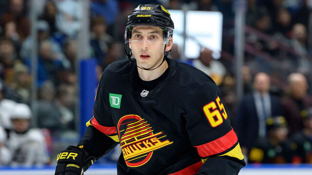 VANCOUVER, CANADA - FEBRUARY 29: Ilya Mikheyev #65 of the Vancouver Canucks skates up ice during the first period of the NHL game against the Los Angeles Kings at Rogers Arena on February 29, 2024 in Vancouver, Canada.