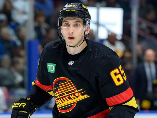 VANCOUVER, CANADA - FEBRUARY 29: Ilya Mikheyev #65 of the Vancouver Canucks skates up ice during the first period of the NHL game against the Los Angeles Kings at Rogers Arena on February 29, 2024 in Vancouver, Canada.
