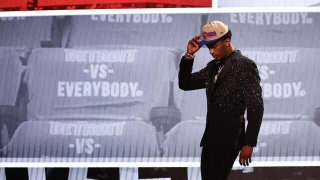 NEW YORK, NEW YORK - JUNE 26: Ron Holland walks the stage after being drafted fifth overall by the Detroit Pistons during the first round of the 2024 NBA Draft at Barclays Center on June 26, 2024 in the Brooklyn borough of New York City.