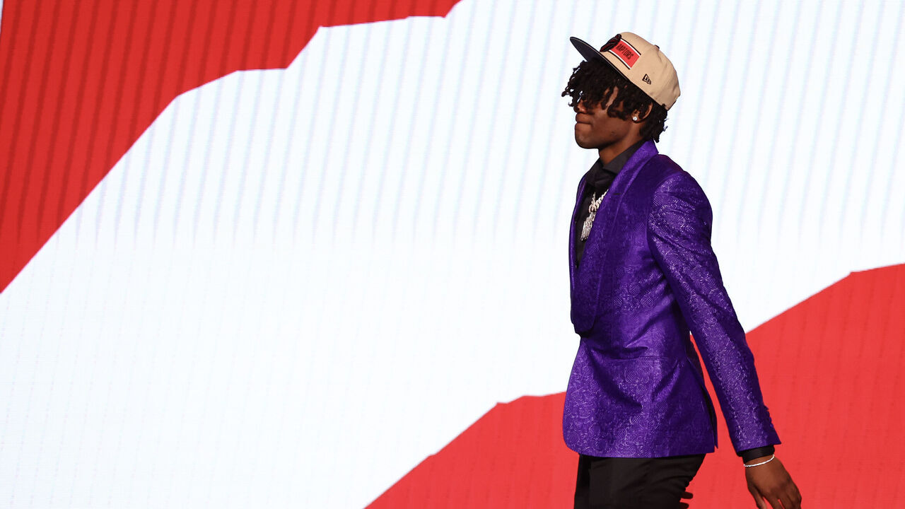 NEW YORK, NEW YORK - JUNE 26: Ja'Kobe Walter walks the stage after being drafted 19th overall by the Toronto Raptors during the first round of the 2024 NBA Draft at Barclays Center on June 26, 2024 in the Brooklyn borough of New York City.
