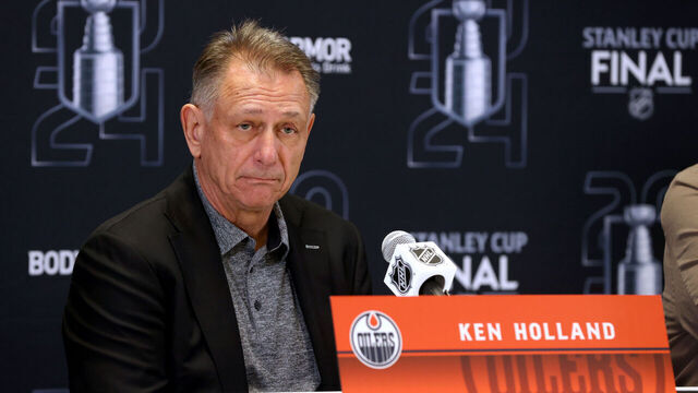 SUNRISE, FLORIDA - JUNE 07: General manager Ken Holland of the Edmonton Oilers speaks to the media during Media Day ahead of Game One of the 2024 Stanley Cup Final between the Edmonton Oilers and the Florida Panthers at Amerant Bank Arena on June 07, 2024 in Sunrise, Florida.