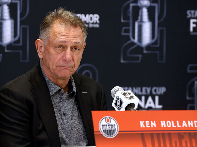 SUNRISE, FLORIDA - JUNE 07: General manager Ken Holland of the Edmonton Oilers speaks to the media during Media Day ahead of Game One of the 2024 Stanley Cup Final between the Edmonton Oilers and the Florida Panthers at Amerant Bank Arena on June 07, 2024 in Sunrise, Florida.