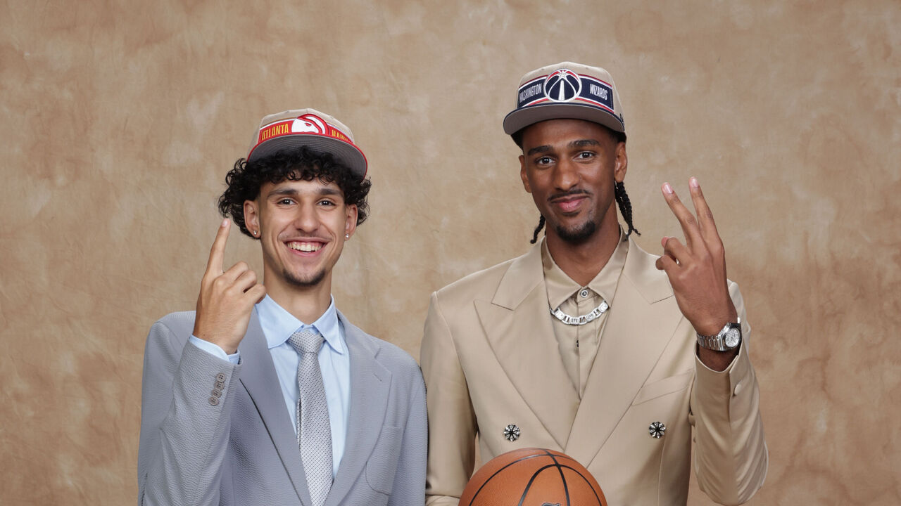 BROOKLYN, NY - JUNE 26: Zaccharie Risacher and Alex Sarr pose for a portrait during the 2024 NBA Draft - Round One on June 26, 2024 at Barclays Center in Brooklyn, New York. Mandatory Copyright Notice: Copyright 2024 NBAE