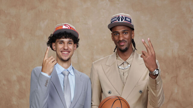 BROOKLYN, NY - JUNE 26: Zaccharie Risacher and Alex Sarr pose for a portrait during the 2024 NBA Draft - Round One on June 26, 2024 at Barclays Center in Brooklyn, New York. Mandatory Copyright Notice: Copyright 2024 NBAE