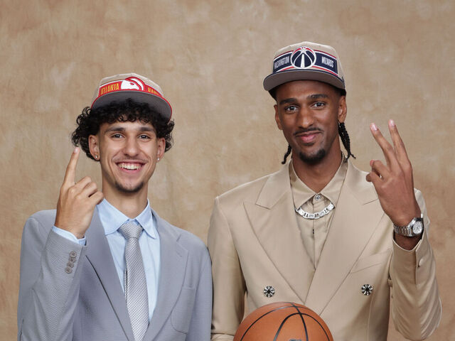 BROOKLYN, NY - JUNE 26: Zaccharie Risacher and Alex Sarr pose for a portrait during the 2024 NBA Draft - Round One on June 26, 2024 at Barclays Center in Brooklyn, New York. Mandatory Copyright Notice: Copyright 2024 NBAE