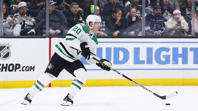 LOS ANGELES, CA - MARCH 09: Dallas Stars defenseman Ryan Suter (20) skates with the puck during an NHL hockey game against the Los Angeles Kings on March 9, 2024 at Crypto.com Arena in Los Angeles, CA.