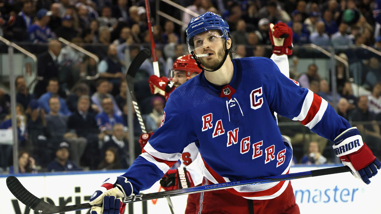 NEW YORK, NEW YORK - MAY 13: Jacob Trouba #8 of the New York Rangers reacts to a third period goal by Jordan Martinook #48 of the Carolina Hurricanes in Game Five of the Second Round of the 2024 Stanley Cup Playoffs at Madison Square Garden on May 13, 2024 in New York City.