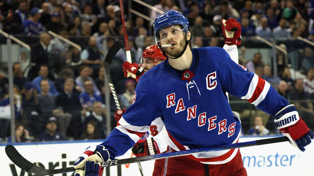 NEW YORK, NEW YORK - MAY 13: Jacob Trouba #8 of the New York Rangers reacts to a third period goal by Jordan Martinook #48 of the Carolina Hurricanes in Game Five of the Second Round of the 2024 Stanley Cup Playoffs at Madison Square Garden on May 13, 2024 in New York City.