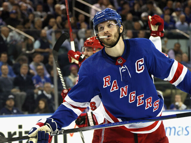 NEW YORK, NEW YORK - MAY 13: Jacob Trouba #8 of the New York Rangers reacts to a third period goal by Jordan Martinook #48 of the Carolina Hurricanes in Game Five of the Second Round of the 2024 Stanley Cup Playoffs at Madison Square Garden on May 13, 2024 in New York City.