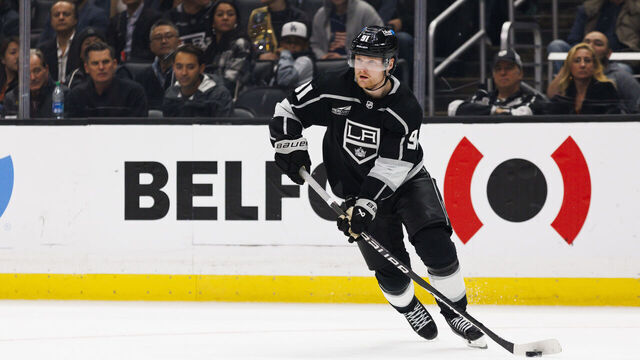 LOS ANGELES, CA - DECEMBER 13: Los Angeles Kings right wing Carl Grundstrom (91) skates with the puck during an NHL hockey game against the Winnipeg Jets on December 13, 2023 at Crypto.com Arena in Los Angeles, CA.