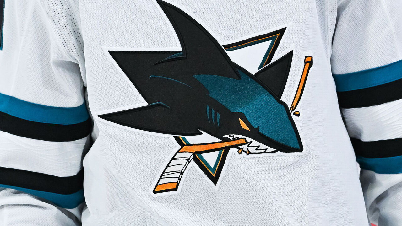 MONTREAL, QC - JANUARY 11: View of a San Jose Sharks logo on a jersey worn by a member of the team during the San Jose Sharks versus the Montreal Canadiens game on January 11, 2024, at Bell Centre in Montreal, QC