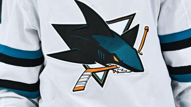 MONTREAL, QC - JANUARY 11: View of a San Jose Sharks logo on a jersey worn by a member of the team during the San Jose Sharks versus the Montreal Canadiens game on January 11, 2024, at Bell Centre in Montreal, QC