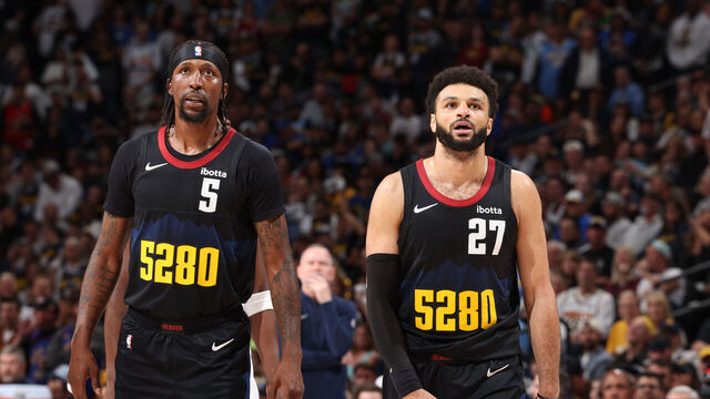 DENVER, CO - MAY 14: Jamal Murray #27 of the Denver Nuggets and Kentavious Caldwell-Pope #5 of the Denver Nuggets looks on during the game against the Minnesota Timberwolves during Round 2 Game 5 of the 2024 NBA Playoffs on May 14, 2024 at the Ball Arena in Denver, Colorado. NOTE TO USER: User expressly acknowledges and agrees that, by downloading and/or using this Photograph, user is consenting to the terms and conditions of the Getty Images License Agreement. Mandatory Copyright Notice: Copyright 2024 NBAE