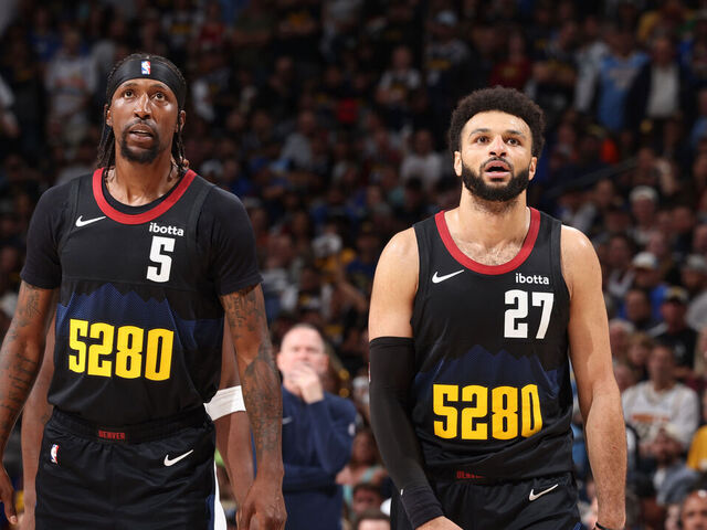 DENVER, CO - MAY 14: Jamal Murray #27 of the Denver Nuggets and Kentavious Caldwell-Pope #5 of the Denver Nuggets looks on during the game against the Minnesota Timberwolves during Round 2 Game 5 of the 2024 NBA Playoffs on May 14, 2024 at the Ball Arena in Denver, Colorado. NOTE TO USER: User expressly acknowledges and agrees that, by downloading and/or using this Photograph, user is consenting to the terms and conditions of the Getty Images License Agreement. Mandatory Copyright Notice: Copyright 2024 NBAE