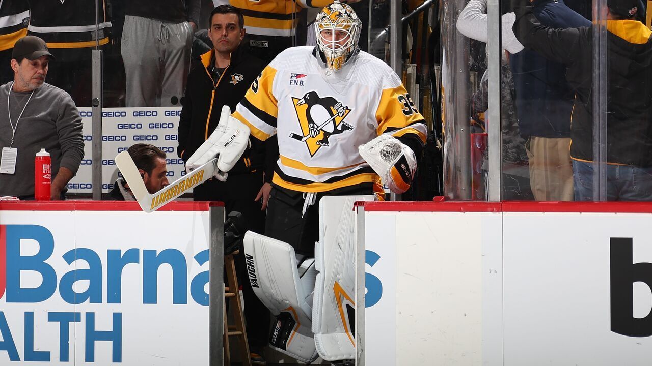 NEWARK, NJ - MARCH 19: Tristan Jarry #35 of the Pittsburgh Penguins warms up prior to the game against the New Jersey Devils at the Prudential Center on March 19, 2024 in Newark, New Jersey.
