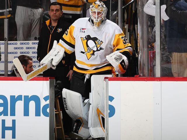 NEWARK, NJ - MARCH 19: Tristan Jarry #35 of the Pittsburgh Penguins warms up prior to the game against the New Jersey Devils at the Prudential Center on March 19, 2024 in Newark, New Jersey.