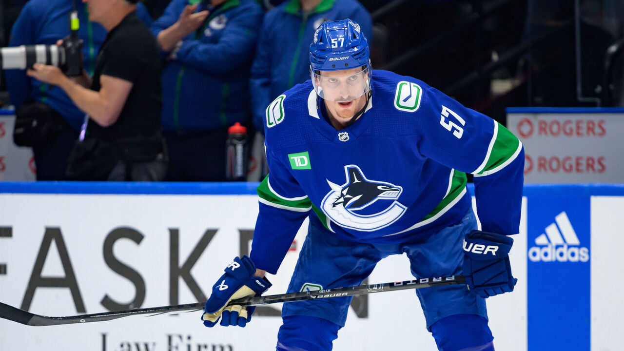VANCOUVER, CANADA - MAY 20: Tyler Myers #57 of the Vancouver Canucks skates during warm-up prior to Game Seven of the Second Round of the 2024 Stanley Cup Playoffs against the Edmonton Oilers at Rogers Arena on May 20, 2024 in Vancouver, British Columbia, Canada.