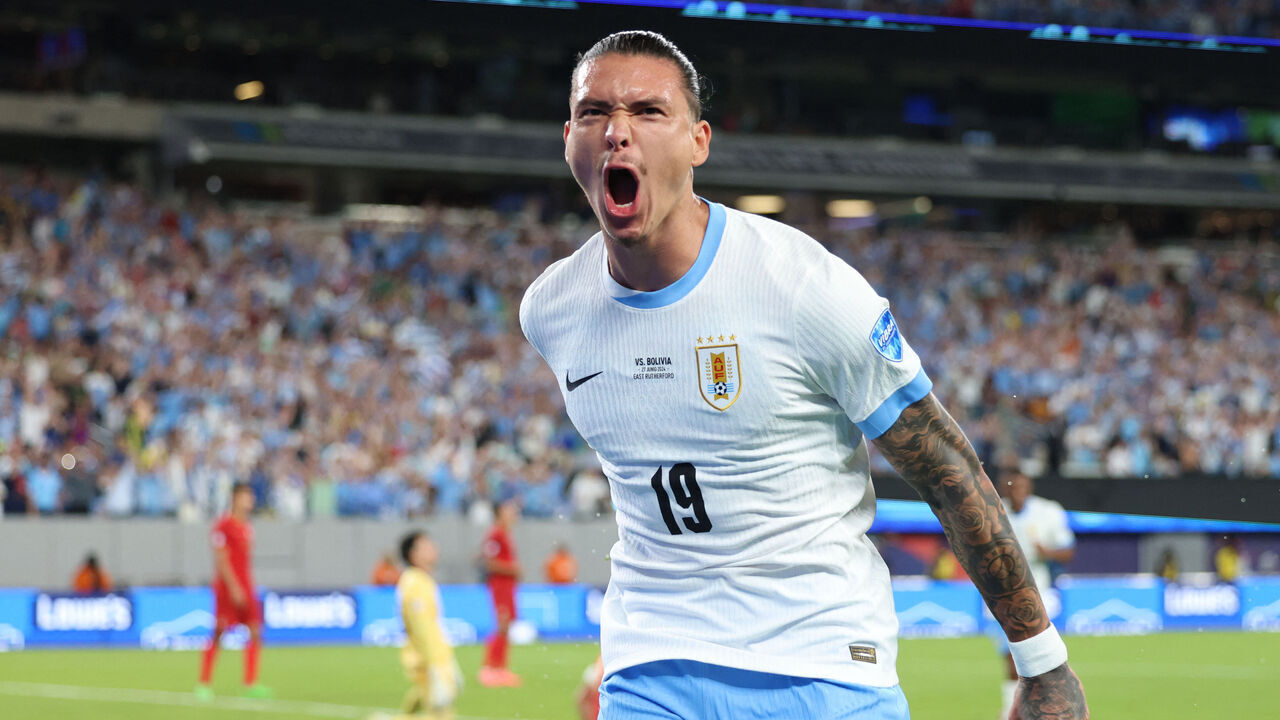 Uruguay's forward #19 Darwin Nunez celebrates scoring his team's second goal during the Conmebol 2024 Copa America tournament group C football match between Uruguay and Bolivia at MetLife Stadium in East Rutherford, New Jersey, on June 27, 2024