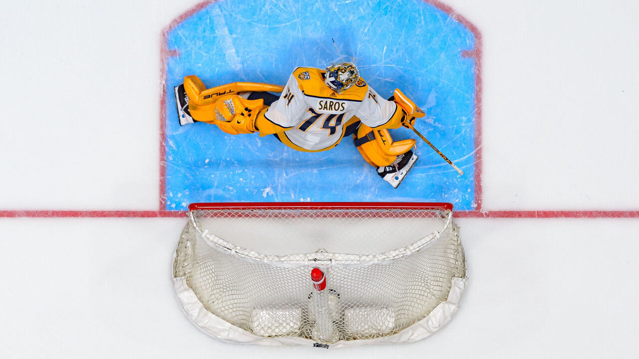 VANCOUVER, CANADA - APRIL 30: Juuse Saros #74 of the Nashville Predators in net during the first period in Game Five of the First Round of the 2024 Stanley Cup Playoffs against the Vancouver Canucks at Rogers Arena on April 30, 2024 in Vancouver, British Columbia, Canada.