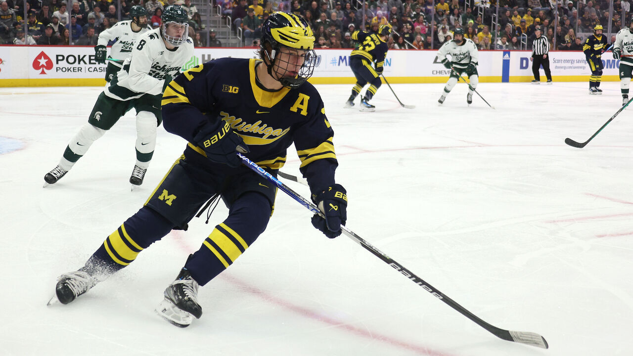 DETROIT, MICHIGAN - FEBRUARY 10: Rutger McGroarty #2 of the Michigan Wolverines plays against the Michigan State Spartans at Little Caesars Arena on February 10, 2024 in Detroit, Michigan.