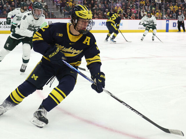 DETROIT, MICHIGAN - FEBRUARY 10: Rutger McGroarty #2 of the Michigan Wolverines plays against the Michigan State Spartans at Little Caesars Arena on February 10, 2024 in Detroit, Michigan.