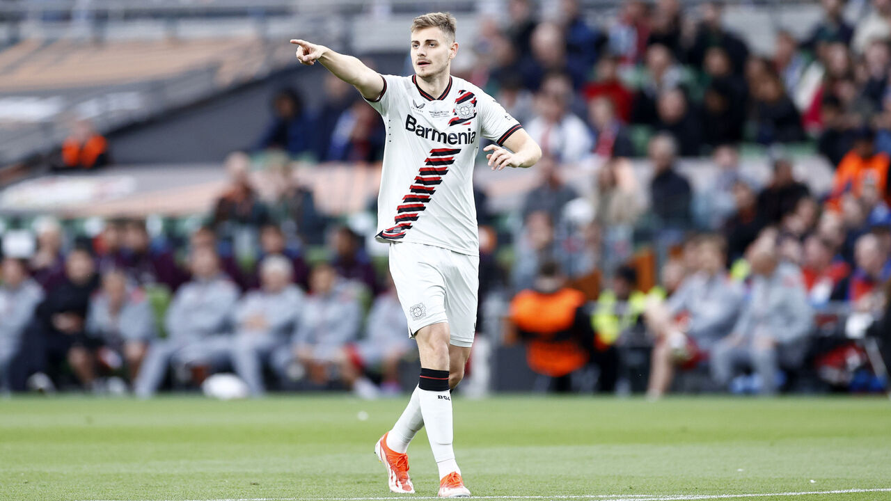 DUBLIN, IRELAND - MAY 22: Josip Stanisic of Bayer 04 Leverkusen gestures during the UEFA Europa League 2023/24 final match between Atalanta BC and Bayer 04 Leverkusen at Dublin Arena on May 22, 2024 in Dublin, Ireland.