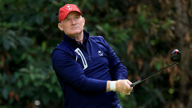 OTTERSHAW, ENGLAND - SEPTEMBER 18: Frank Bensel Jr. of the United States team plays a shot during the singles matches on Day Three of the 2022 PGA Cup on The Longcross Course at Foxhills Club and Resort on September 18, 2022 in Ottershaw, England.