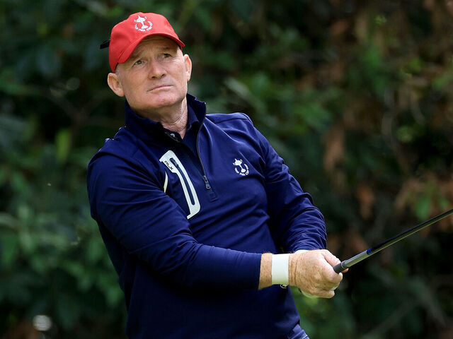 OTTERSHAW, ENGLAND - SEPTEMBER 18: Frank Bensel Jr. of the United States team plays a shot during the singles matches on Day Three of the 2022 PGA Cup on The Longcross Course at Foxhills Club and Resort on September 18, 2022 in Ottershaw, England.