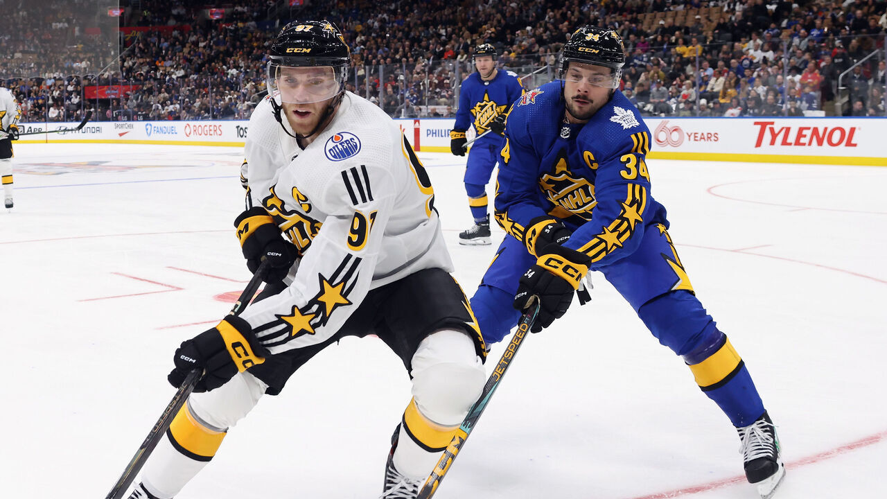 TORONTO, CANADA - FEBRUARY 03: Connor McDavid of the Edmonton Oilers skates against Auston Matthews of the Torornto Maple Leafs during the 2024 NHL All-Star Game on February 03, 2024 in Toronto, Ontario, Canada.